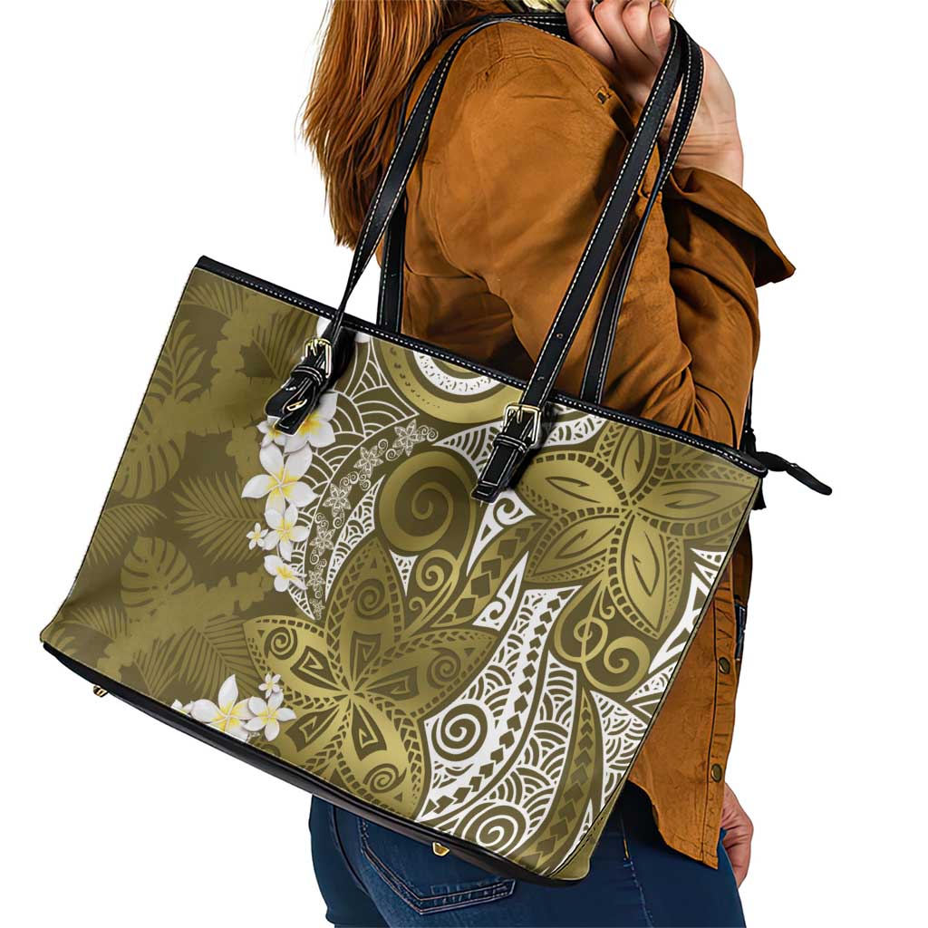 Gold Polynesian Tribal Frangipani Tropical Vibe Leather Tote Bag