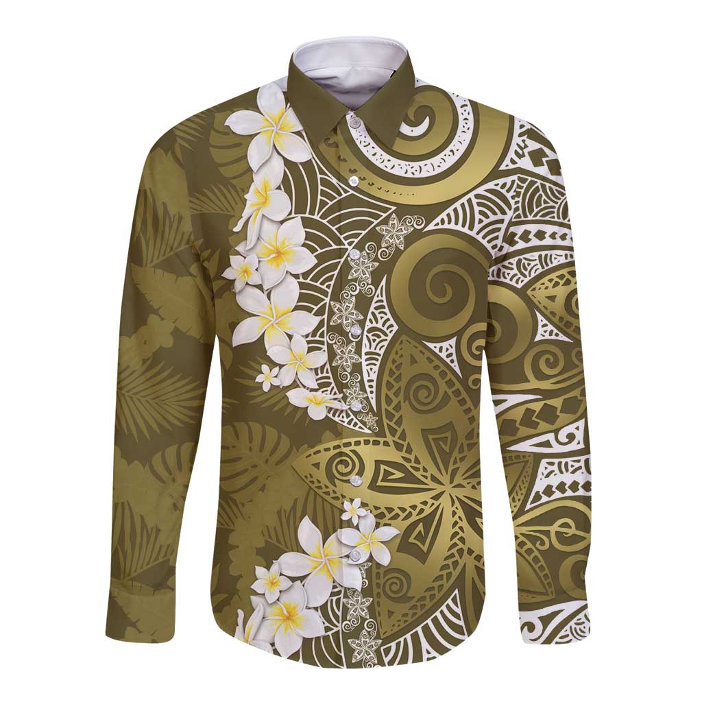 Gold Polynesian Tribal Frangipani Tropical Vibe Long Sleeve Button Shirt