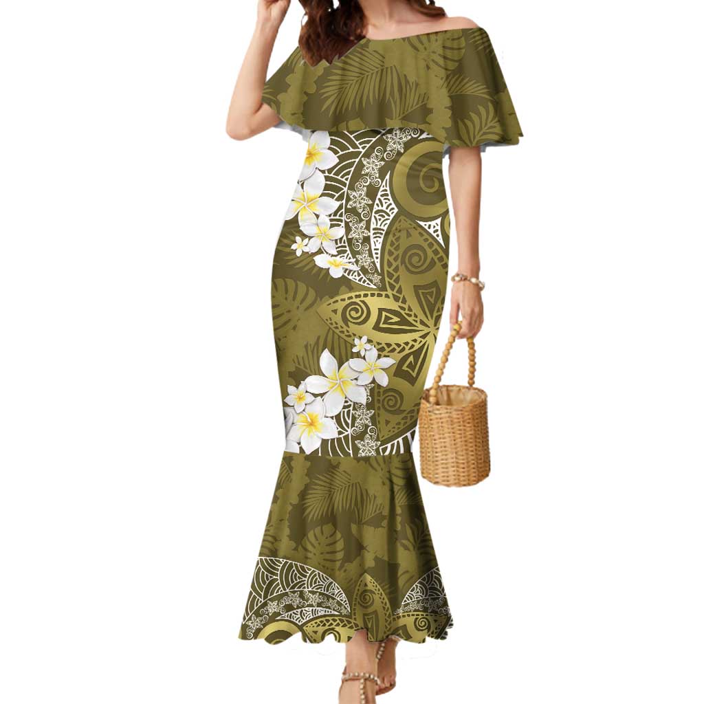 Gold Polynesian Tribal Frangipani Tropical Vibe Mermaid Dress