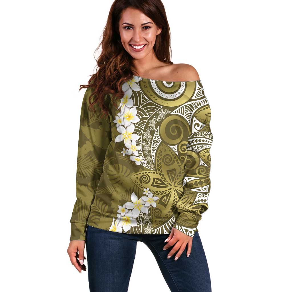 Gold Polynesian Tribal Frangipani Tropical Vibe Off Shoulder Sweater