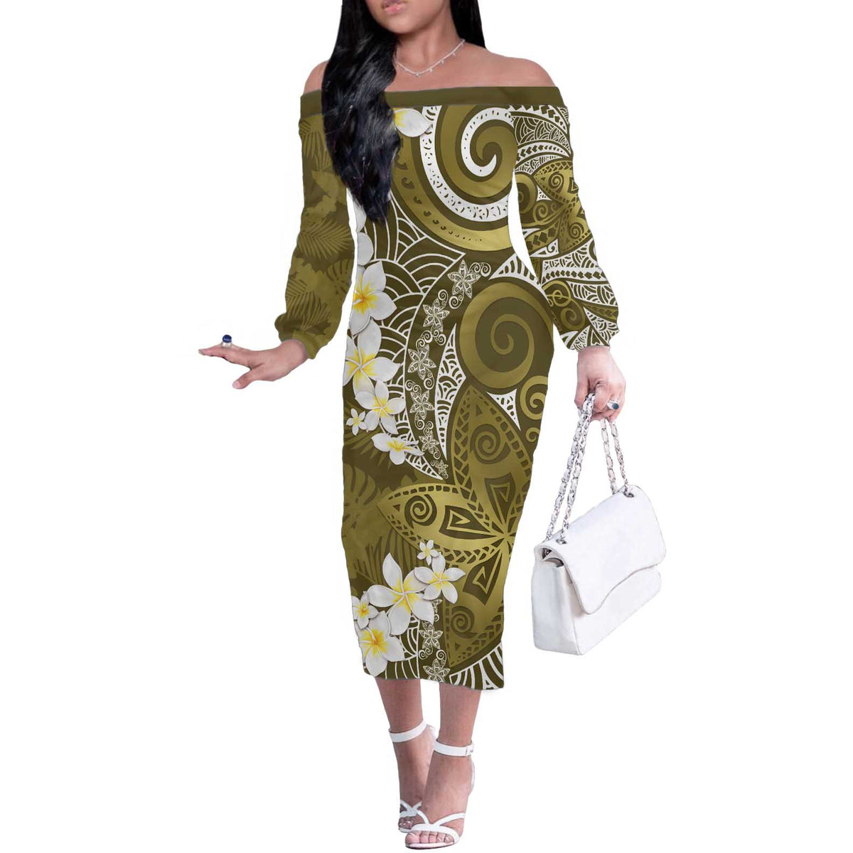Gold Polynesian Tribal Frangipani Tropical Vibe Off The Shoulder Long Sleeve Dress