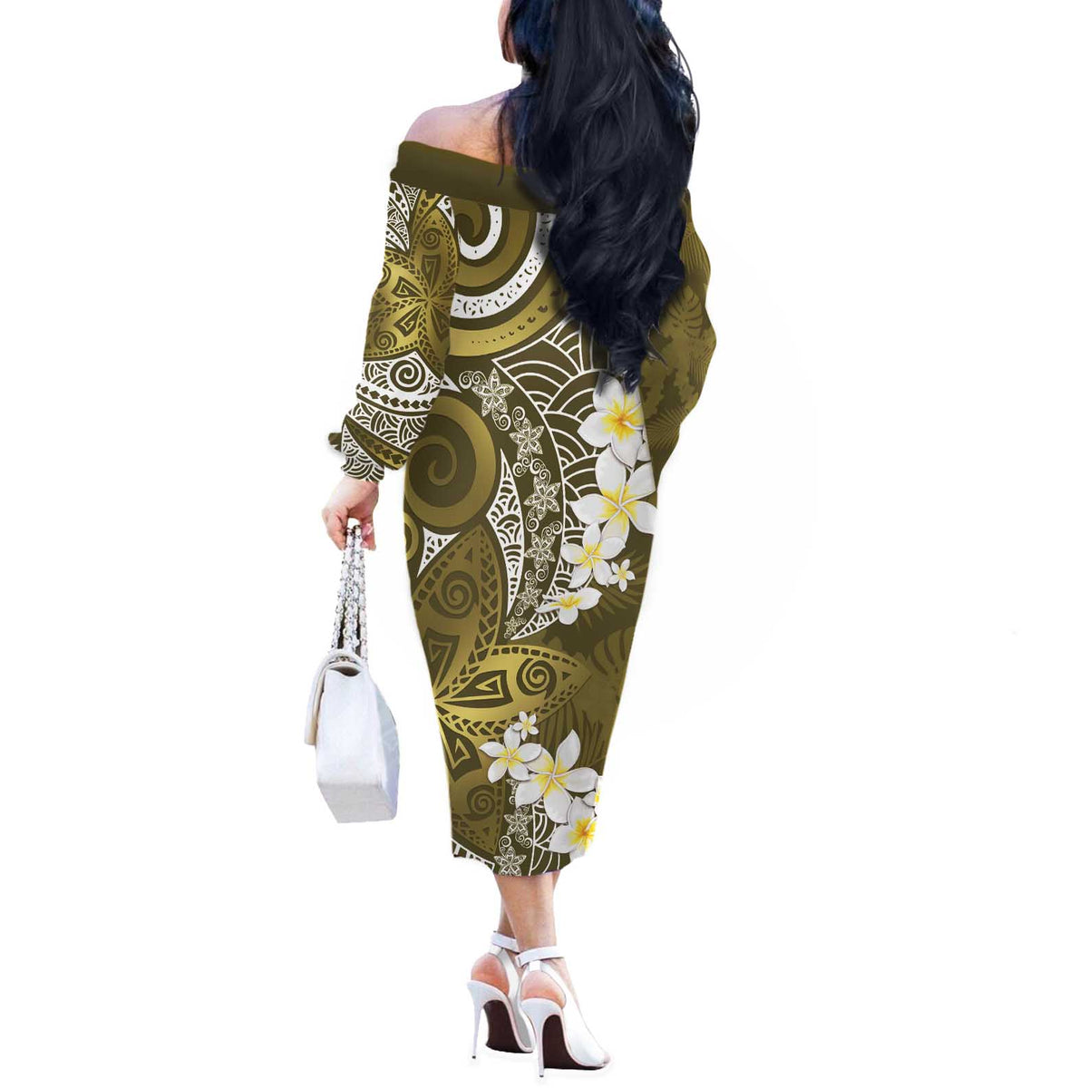 Gold Polynesian Tribal Frangipani Tropical Vibe Off The Shoulder Long Sleeve Dress