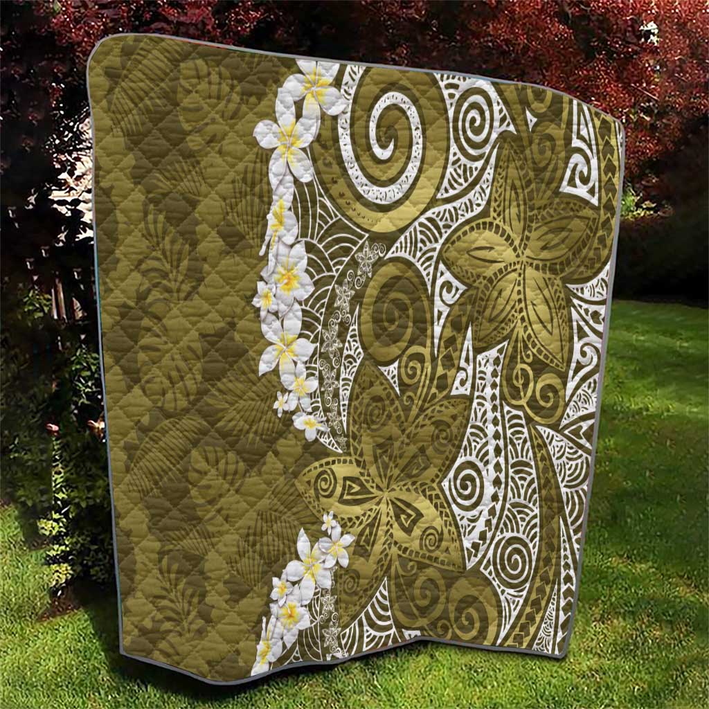 Gold Polynesian Tribal Frangipani Tropical Vibe Quilt