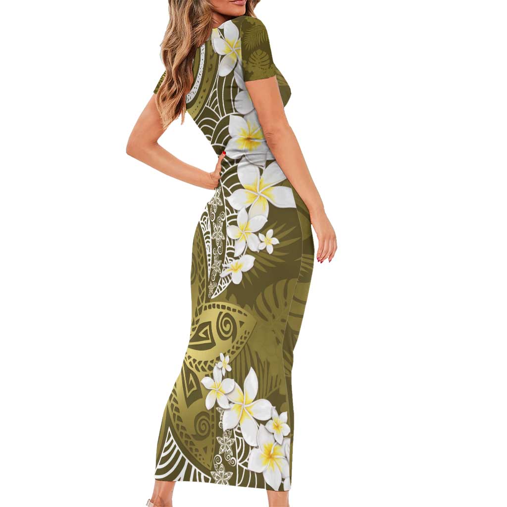 Gold Polynesian Tribal Frangipani Tropical Vibe Short Sleeve Bodycon Dress