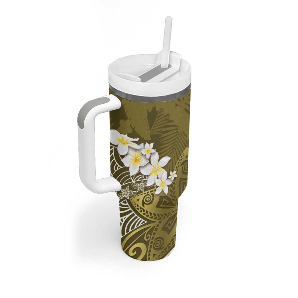 Gold Polynesian Tribal Frangipani Tropical Vibe Tumbler With Handle