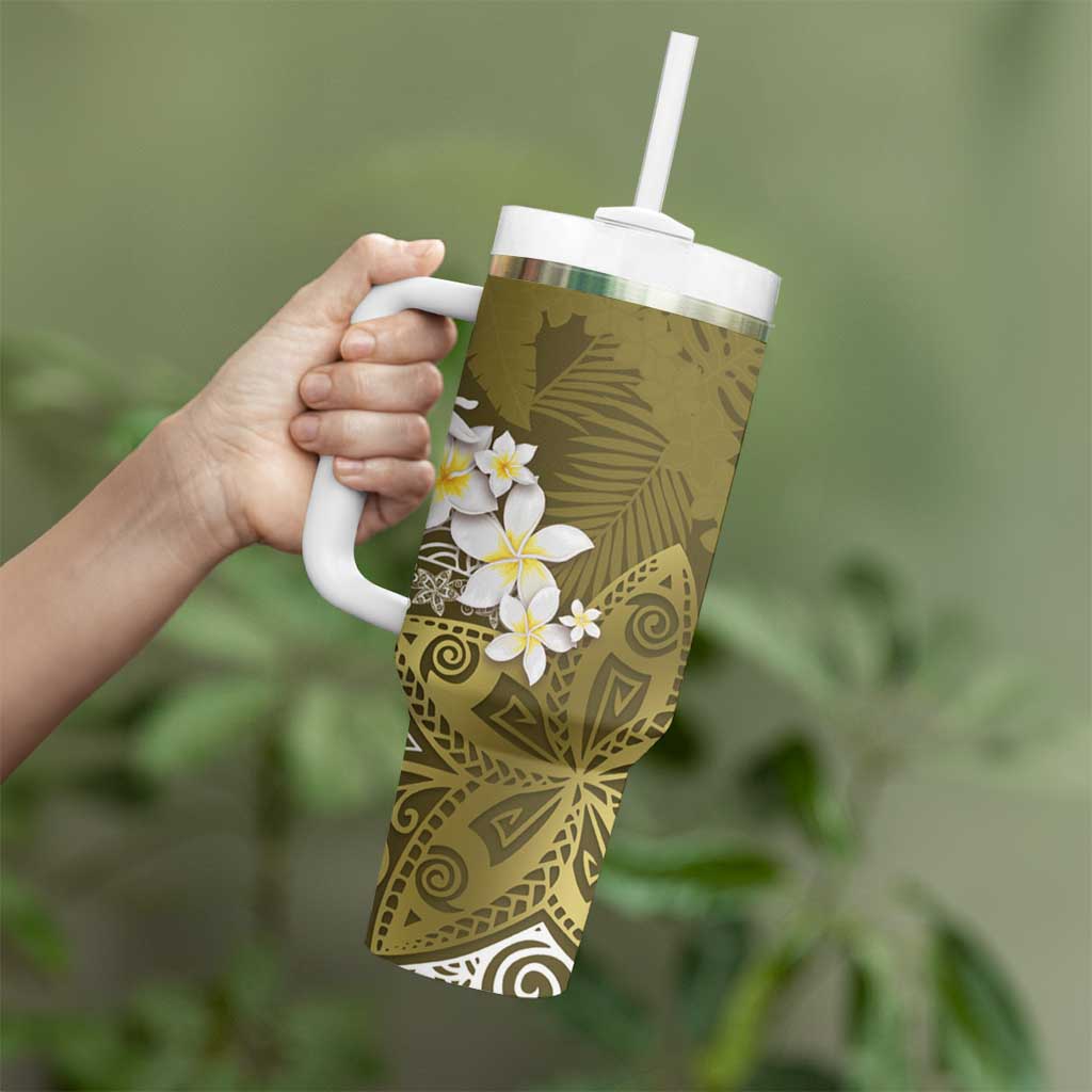 Gold Polynesian Tribal Frangipani Tropical Vibe Tumbler With Handle
