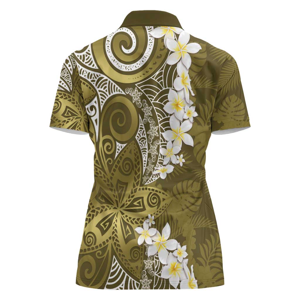 Gold Polynesian Tribal Frangipani Tropical Vibe Women Polo Shirt