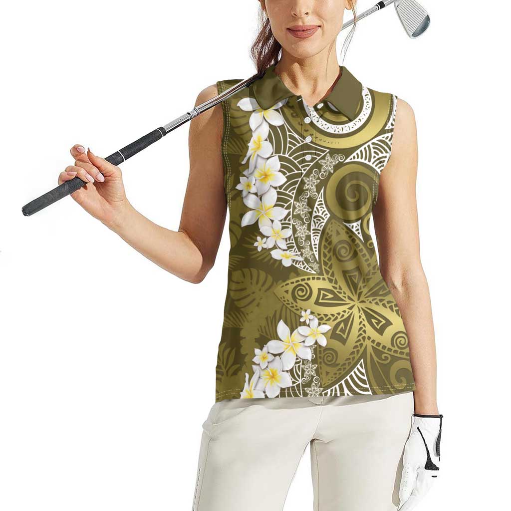 Gold Polynesian Tribal Frangipani Tropical Vibe Women Sleeveless Polo Shirt