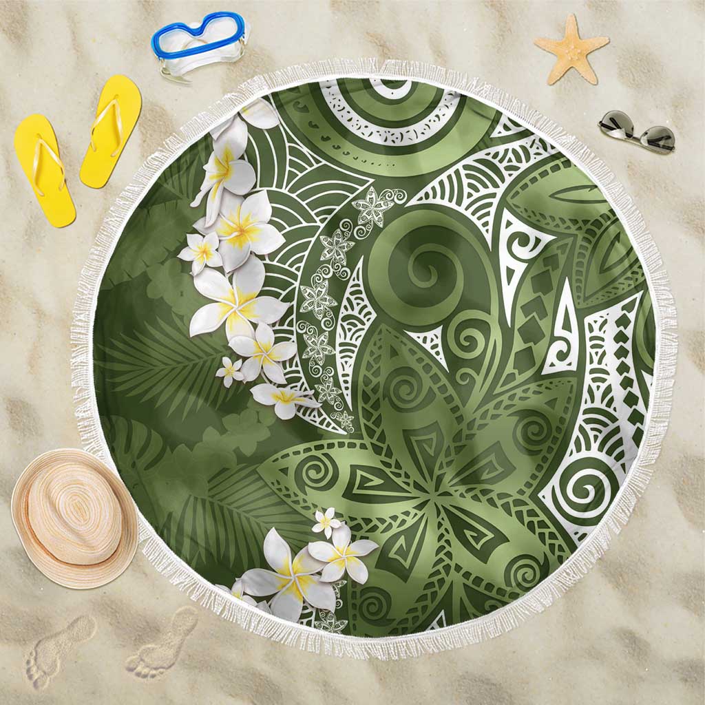 Green Polynesian Tribal Frangipani Tropical Vibe Beach Blanket
