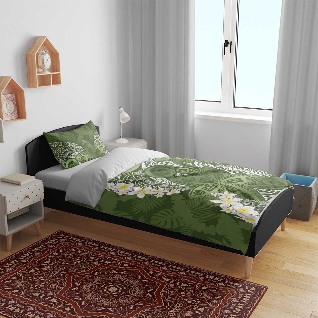Green Polynesian Tribal Frangipani Tropical Vibe Bedding Set