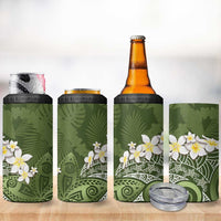 Green Polynesian Tribal Frangipani Tropical Vibe 4 in 1 Can Cooler Tumbler