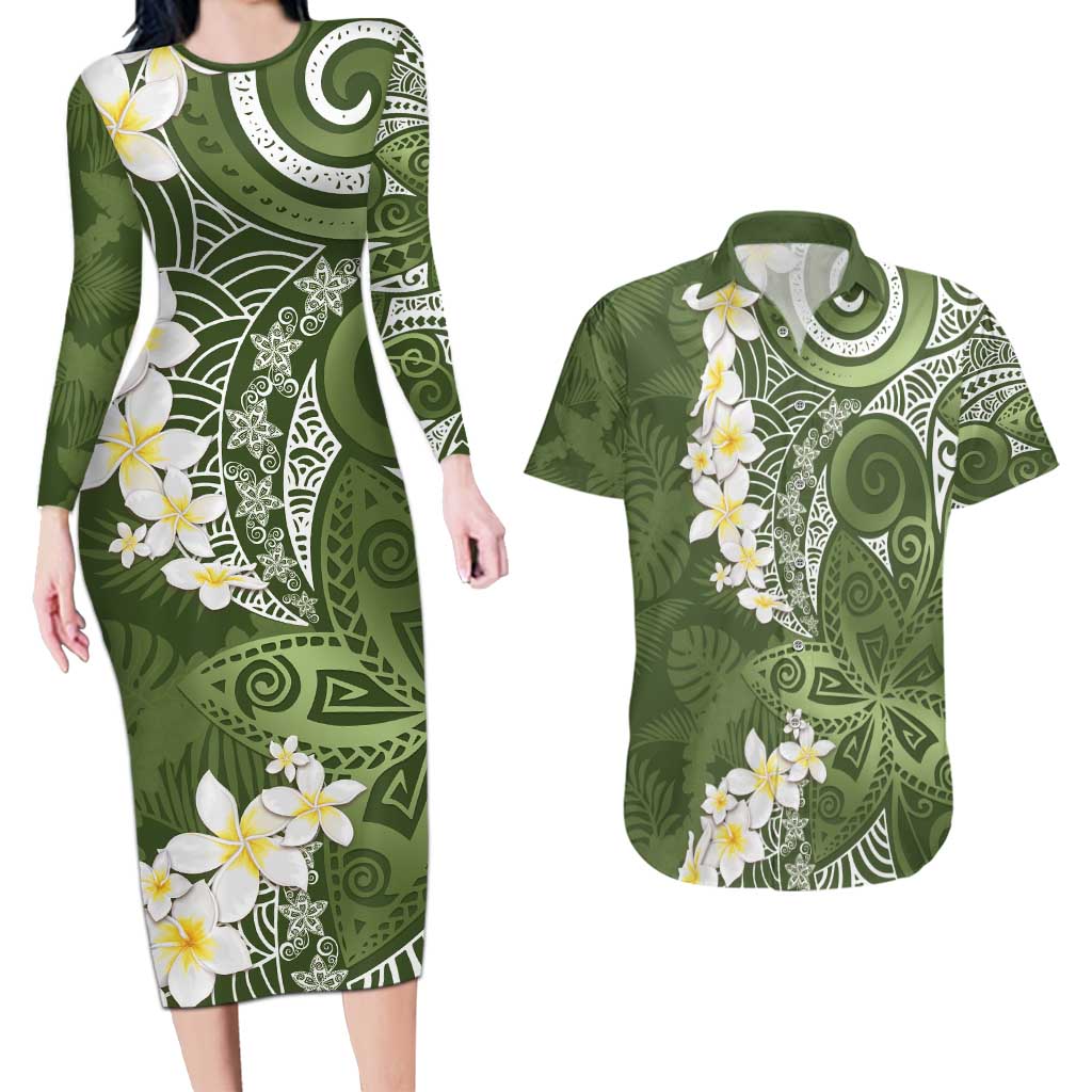 Green Polynesian Tribal Frangipani Tropical Vibe Couples Matching Long Sleeve Bodycon Dress and Hawaiian Shirt