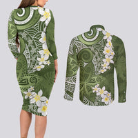 Green Polynesian Tribal Frangipani Tropical Vibe Couples Matching Long Sleeve Bodycon Dress and Long Sleeve Button Shirt