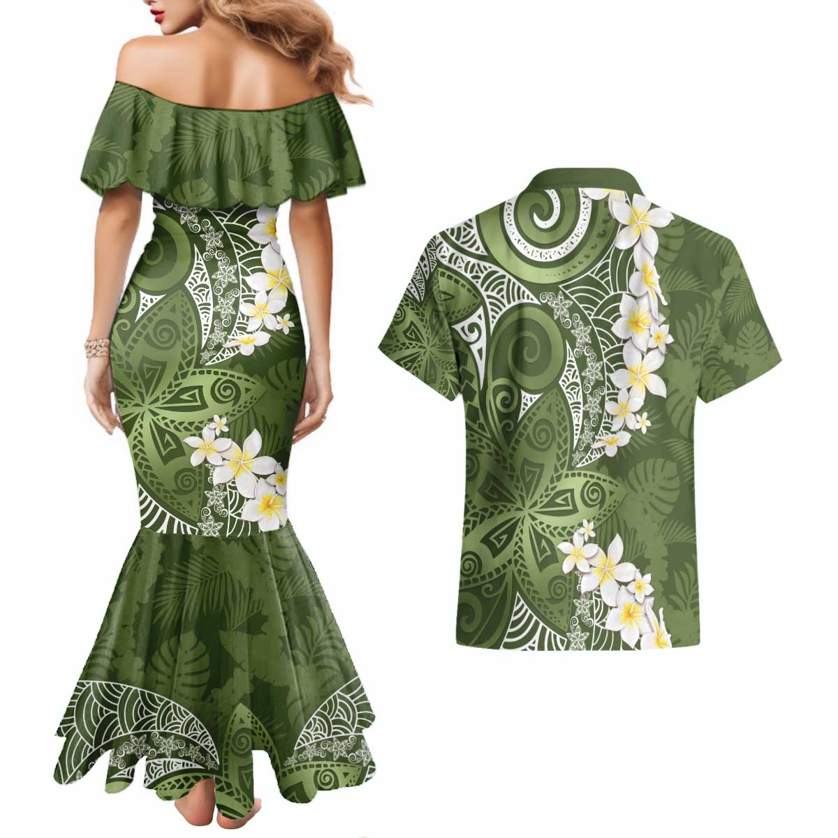 Green Polynesian Tribal Frangipani Tropical Vibe Couples Matching Mermaid Dress and Hawaiian Shirt