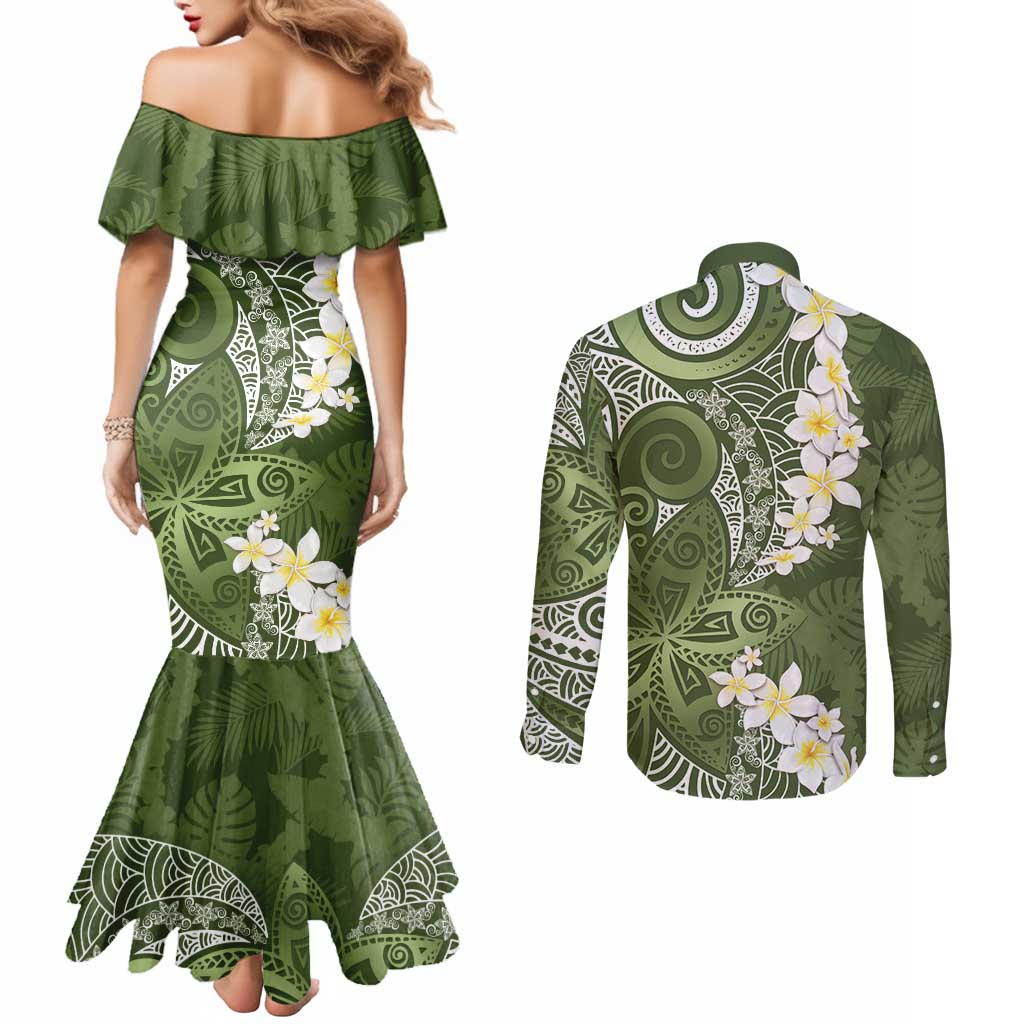 Green Polynesian Tribal Frangipani Tropical Vibe Couples Matching Mermaid Dress and Long Sleeve Button Shirt