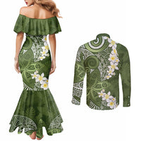 Green Polynesian Tribal Frangipani Tropical Vibe Couples Matching Mermaid Dress and Long Sleeve Button Shirt