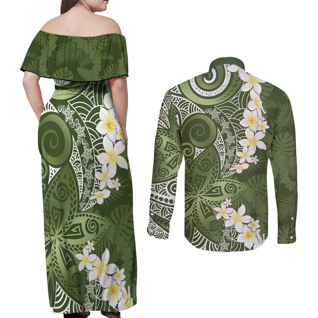 Green Polynesian Tribal Frangipani Tropical Vibe Couples Matching Off Shoulder Maxi Dress and Long Sleeve Button Shirt