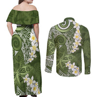 Green Polynesian Tribal Frangipani Tropical Vibe Couples Matching Off Shoulder Maxi Dress and Long Sleeve Button Shirt