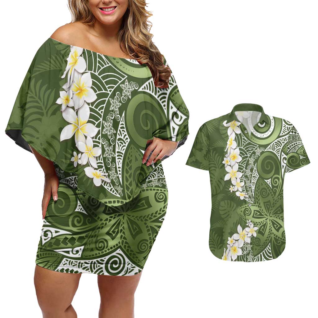 Green Polynesian Tribal Frangipani Tropical Vibe Couples Matching Off Shoulder Short Dress and Hawaiian Shirt