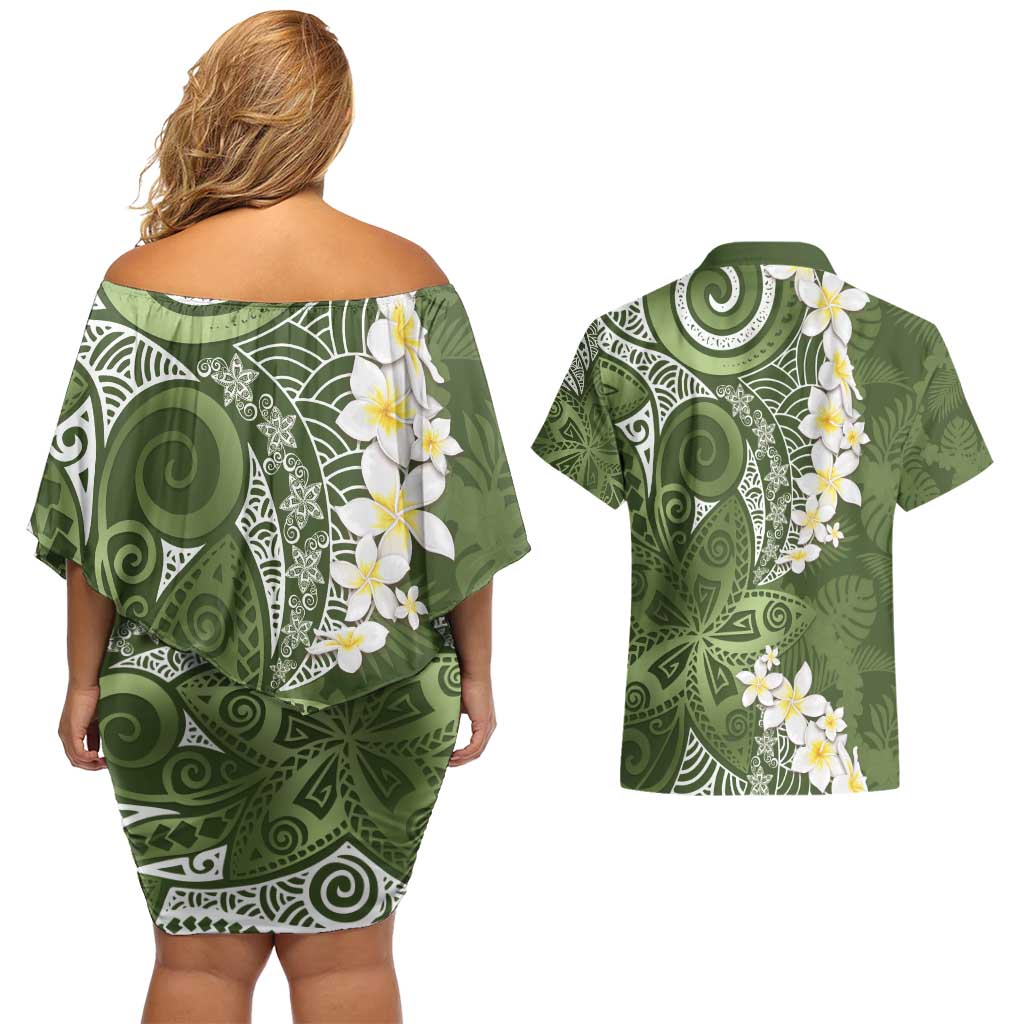 Green Polynesian Tribal Frangipani Tropical Vibe Couples Matching Off Shoulder Short Dress and Hawaiian Shirt