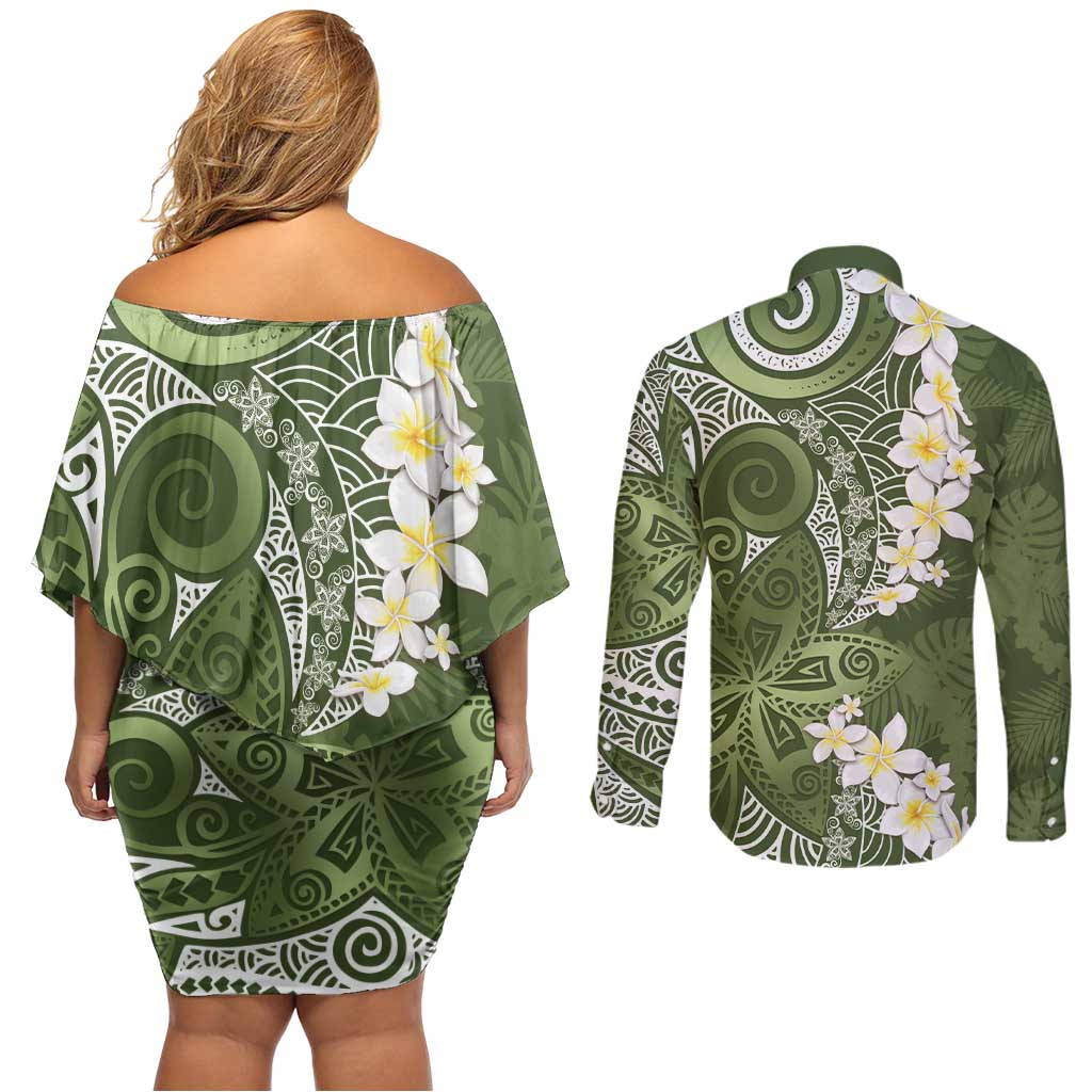 Green Polynesian Tribal Frangipani Tropical Vibe Couples Matching Off Shoulder Short Dress and Long Sleeve Button Shirt