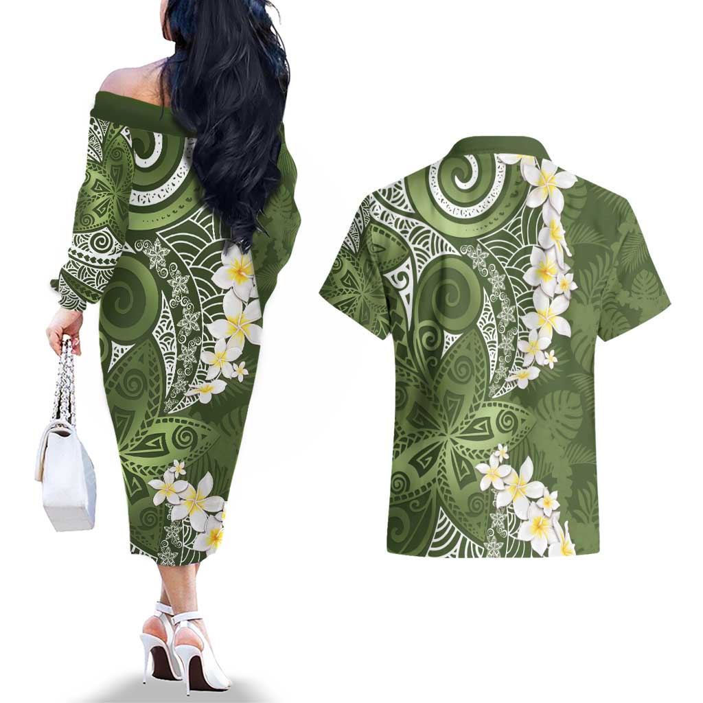 Green Polynesian Tribal Frangipani Tropical Vibe Couples Matching Off The Shoulder Long Sleeve Dress and Hawaiian Shirt