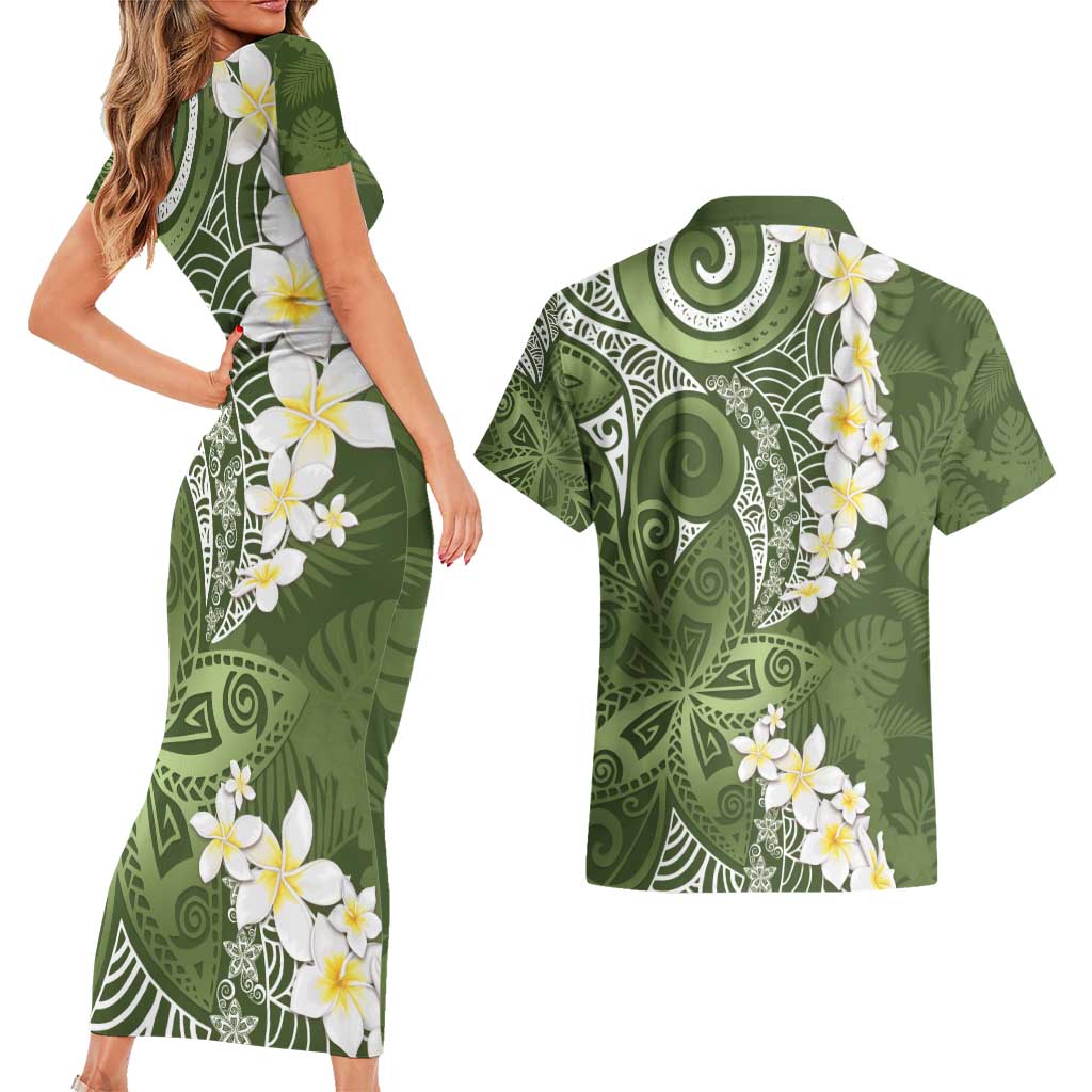 Green Polynesian Tribal Frangipani Tropical Vibe Couples Matching Short Sleeve Bodycon Dress and Hawaiian Shirt