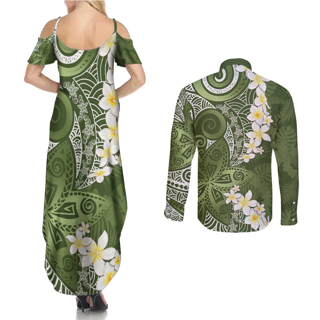Green Polynesian Tribal Frangipani Tropical Vibe Couples Matching Summer Maxi Dress and Long Sleeve Button Shirt