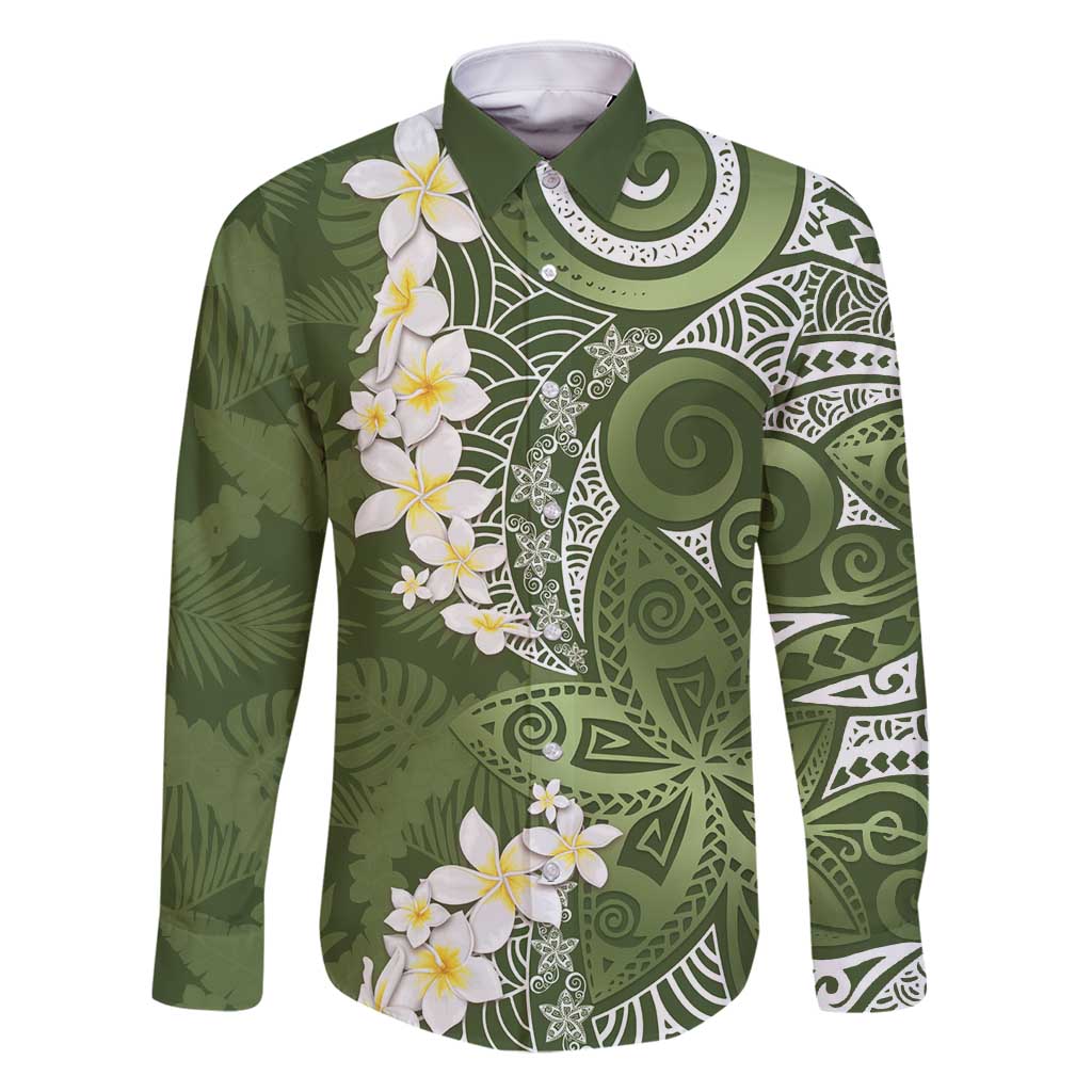 Green Polynesian Tribal Frangipani Tropical Vibe Family Matching Mermaid Dress and Hawaiian Shirt