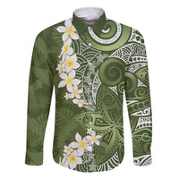 Green Polynesian Tribal Frangipani Tropical Vibe Family Matching Off Shoulder Short Dress and Hawaiian Shirt