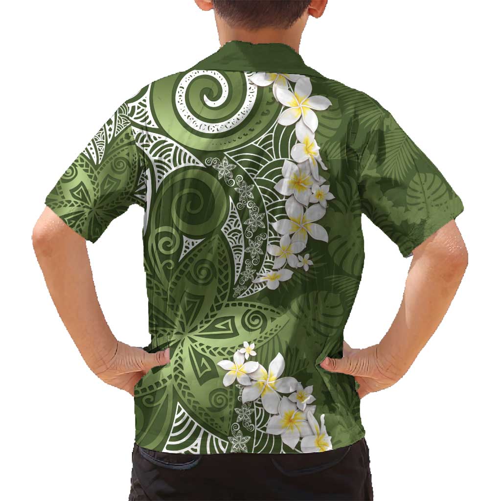 Green Polynesian Tribal Frangipani Tropical Vibe Family Matching Puletasi and Hawaiian Shirt