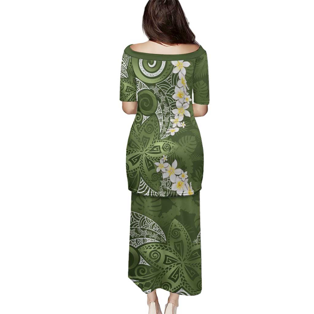 Green Polynesian Tribal Frangipani Tropical Vibe Family Matching Puletasi and Hawaiian Shirt