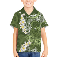 Green Polynesian Tribal Frangipani Tropical Vibe Family Matching Puletasi and Hawaiian Shirt