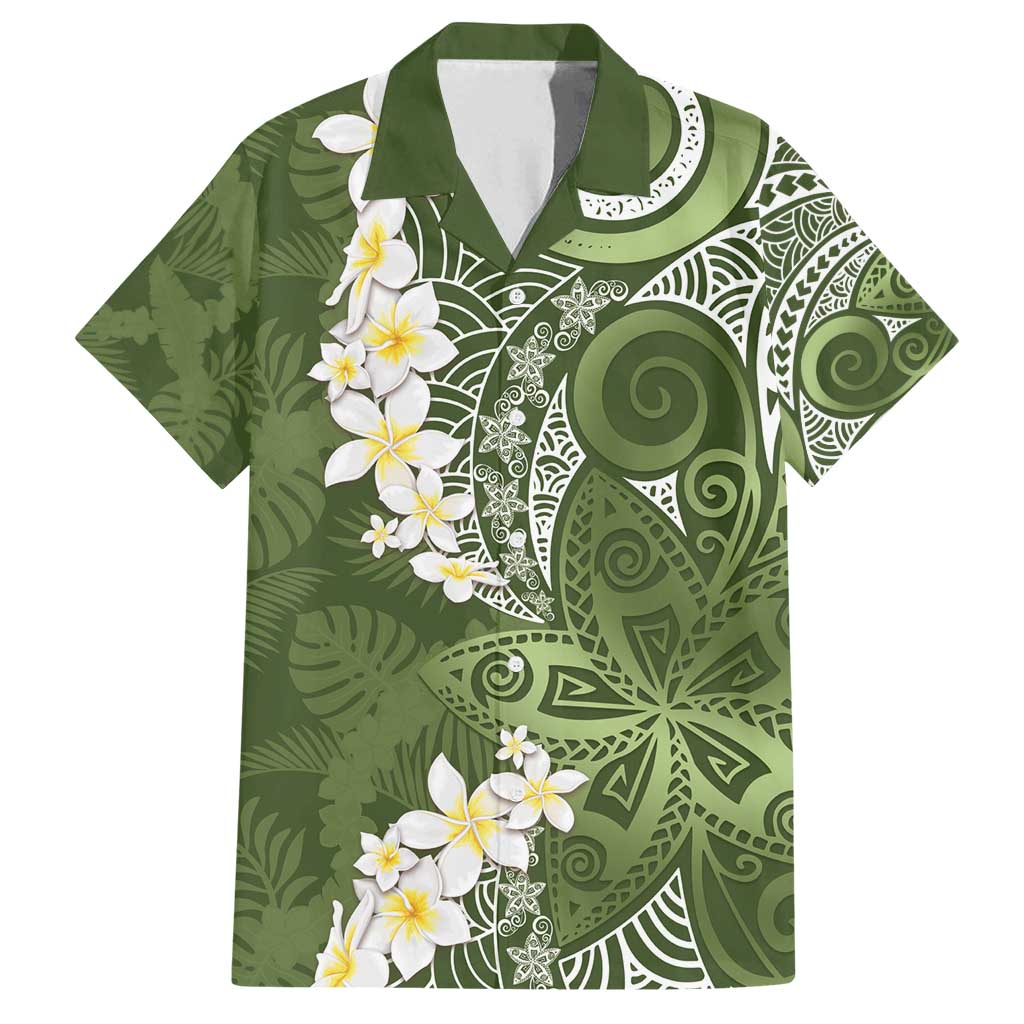 Green Polynesian Tribal Frangipani Tropical Vibe Family Matching Tank Maxi Dress and Hawaiian Shirt