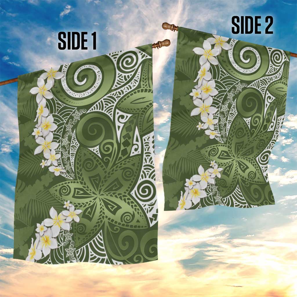 Green Polynesian Tribal Frangipani Tropical Vibe Garden Flag