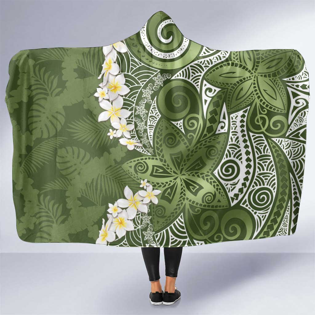 Green Polynesian Tribal Frangipani Tropical Vibe Hooded Blanket