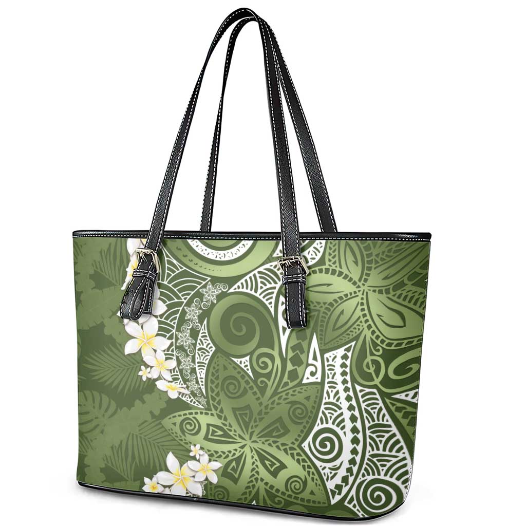 Green Polynesian Tribal Frangipani Tropical Vibe Leather Tote Bag