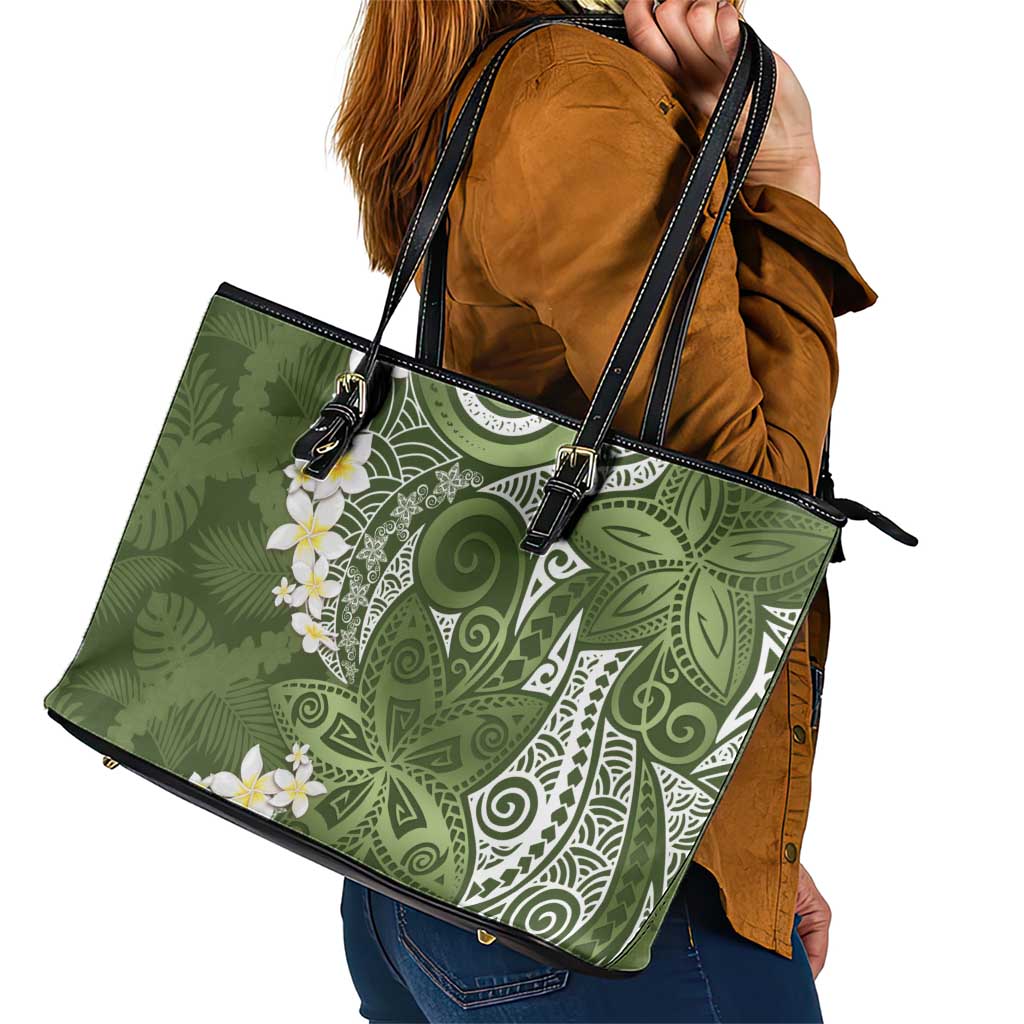 Green Polynesian Tribal Frangipani Tropical Vibe Leather Tote Bag