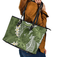Green Polynesian Tribal Frangipani Tropical Vibe Leather Tote Bag