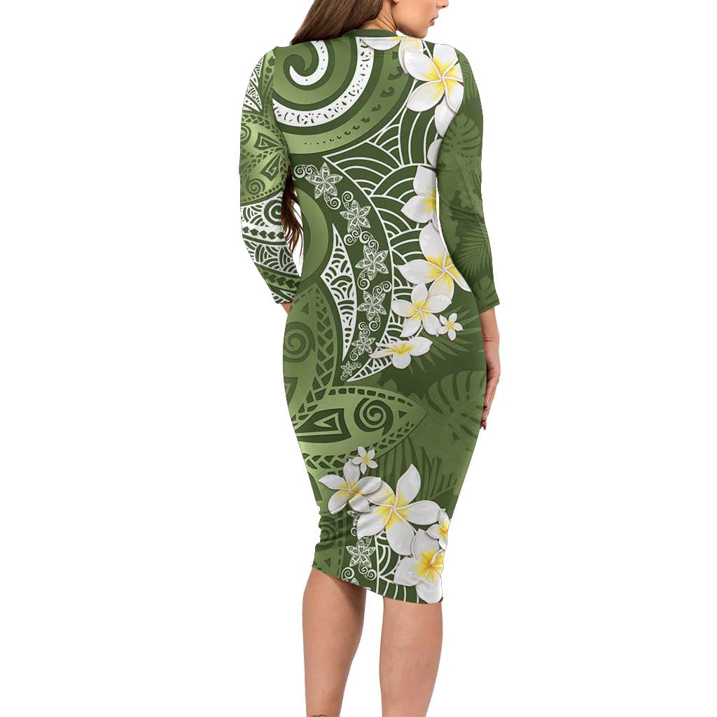 Green Polynesian Tribal Frangipani Tropical Vibe Long Sleeve Bodycon Dress