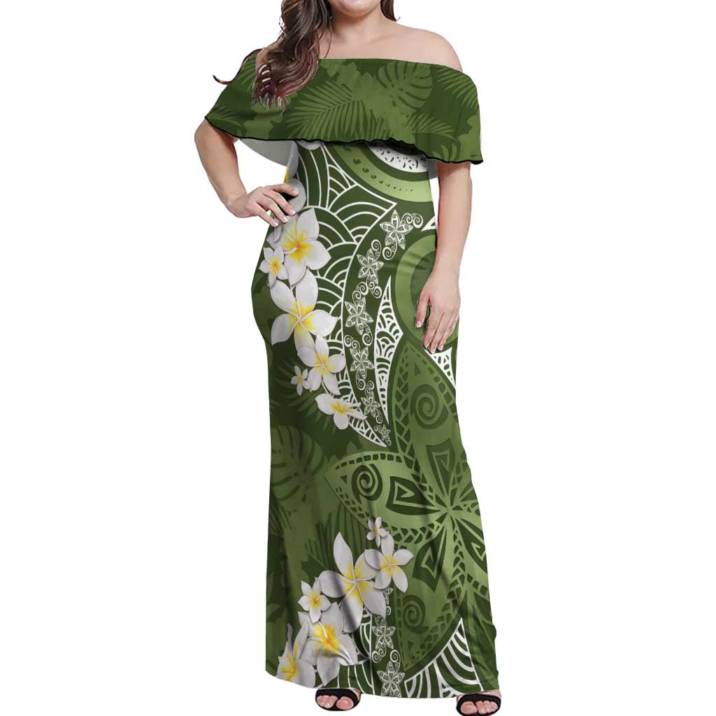 Green Polynesian Tribal Frangipani Tropical Vibe Off Shoulder Maxi Dress