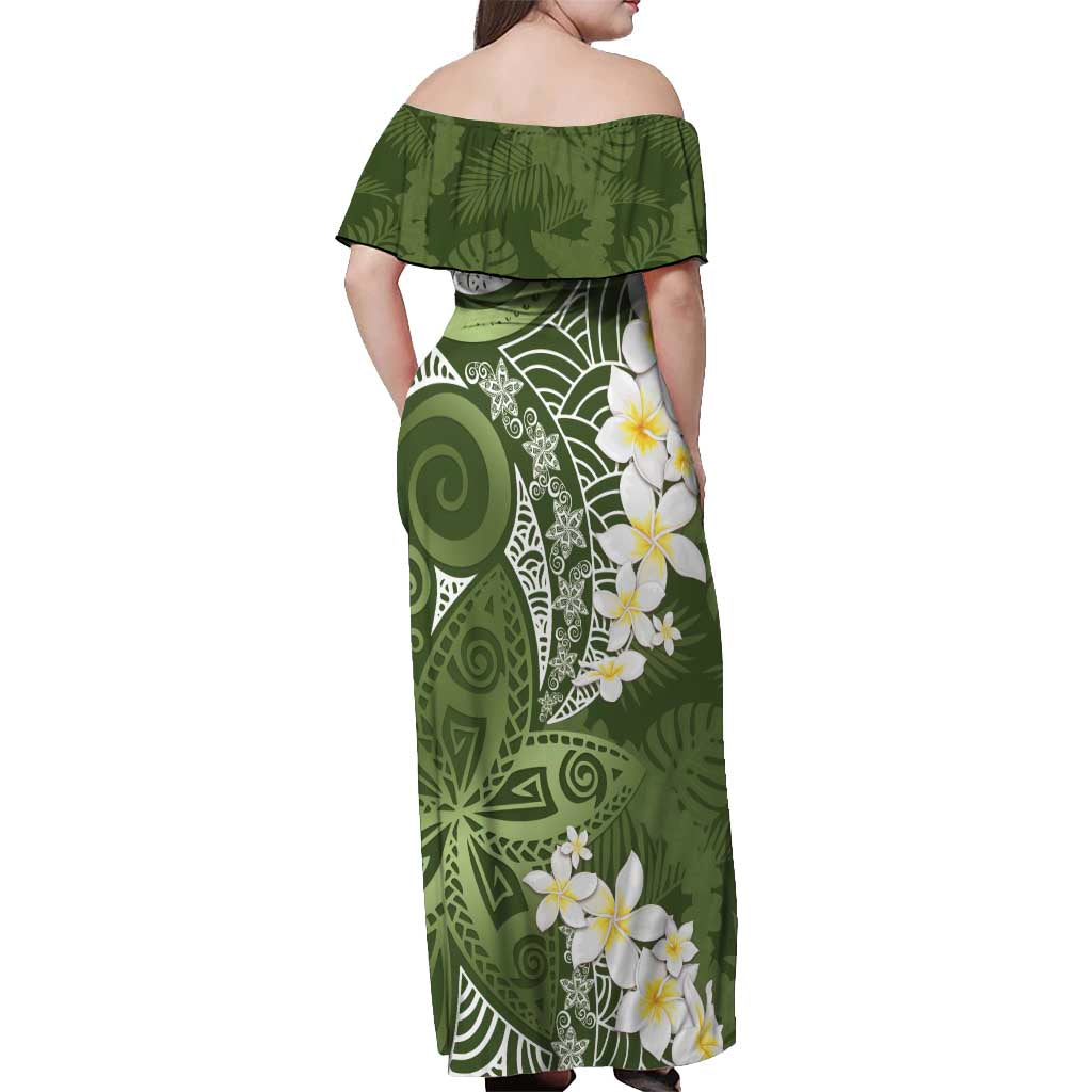 Green Polynesian Tribal Frangipani Tropical Vibe Off Shoulder Maxi Dress