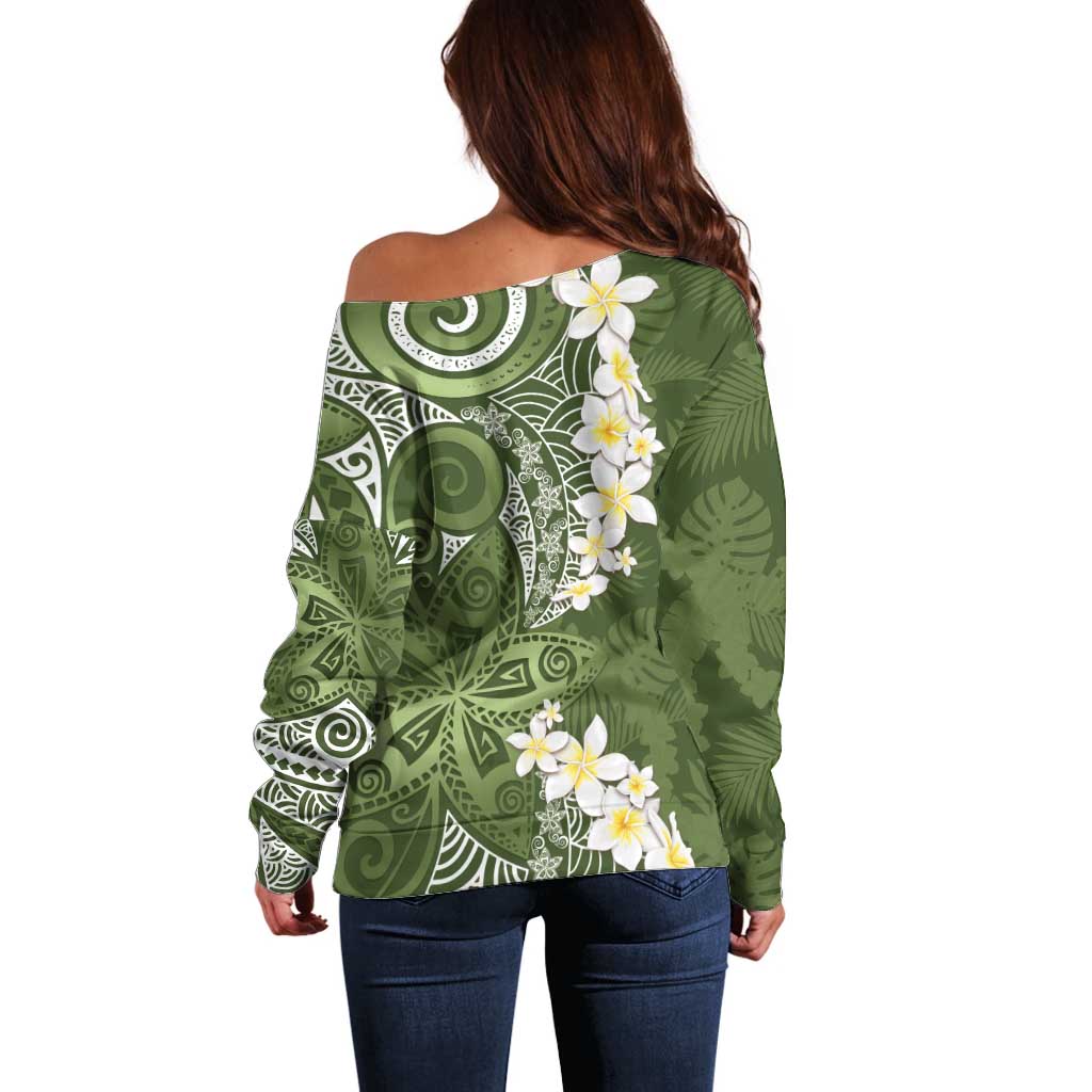 Green Polynesian Tribal Frangipani Tropical Vibe Off Shoulder Sweater