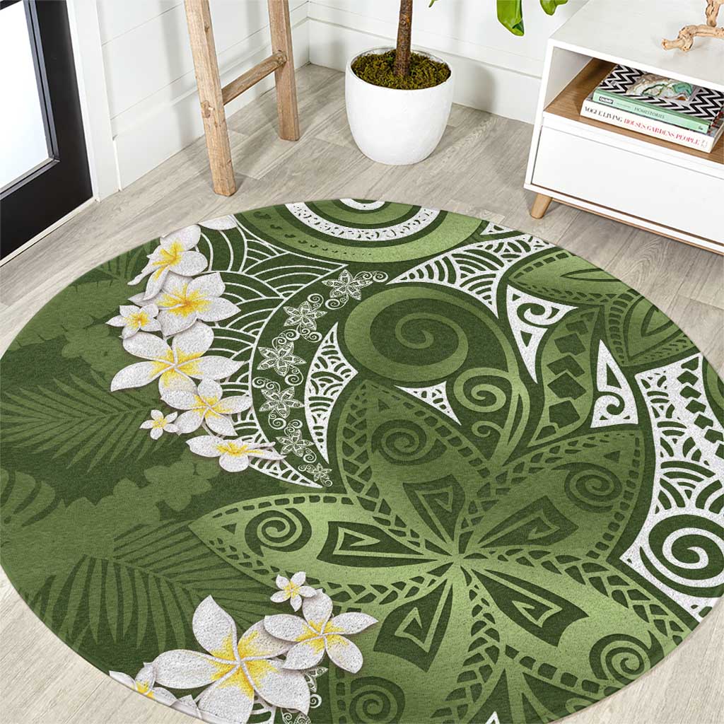 Green Polynesian Tribal Frangipani Tropical Vibe Round Carpet