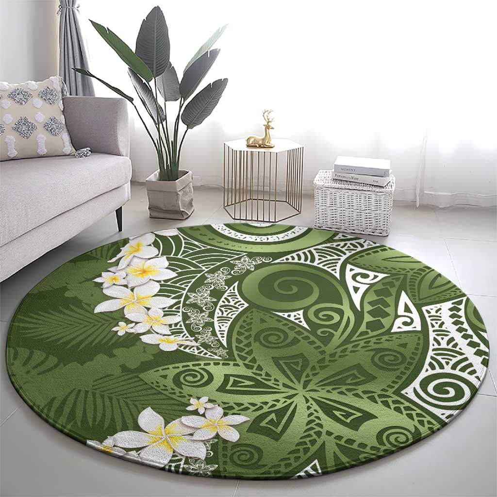 Green Polynesian Tribal Frangipani Tropical Vibe Round Carpet