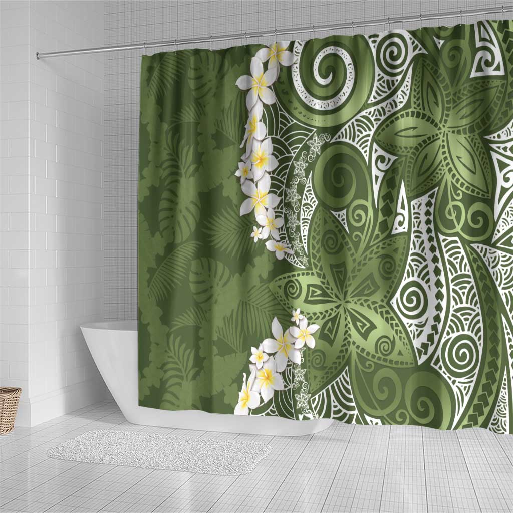Green Polynesian Tribal Frangipani Tropical Vibe Shower Curtain