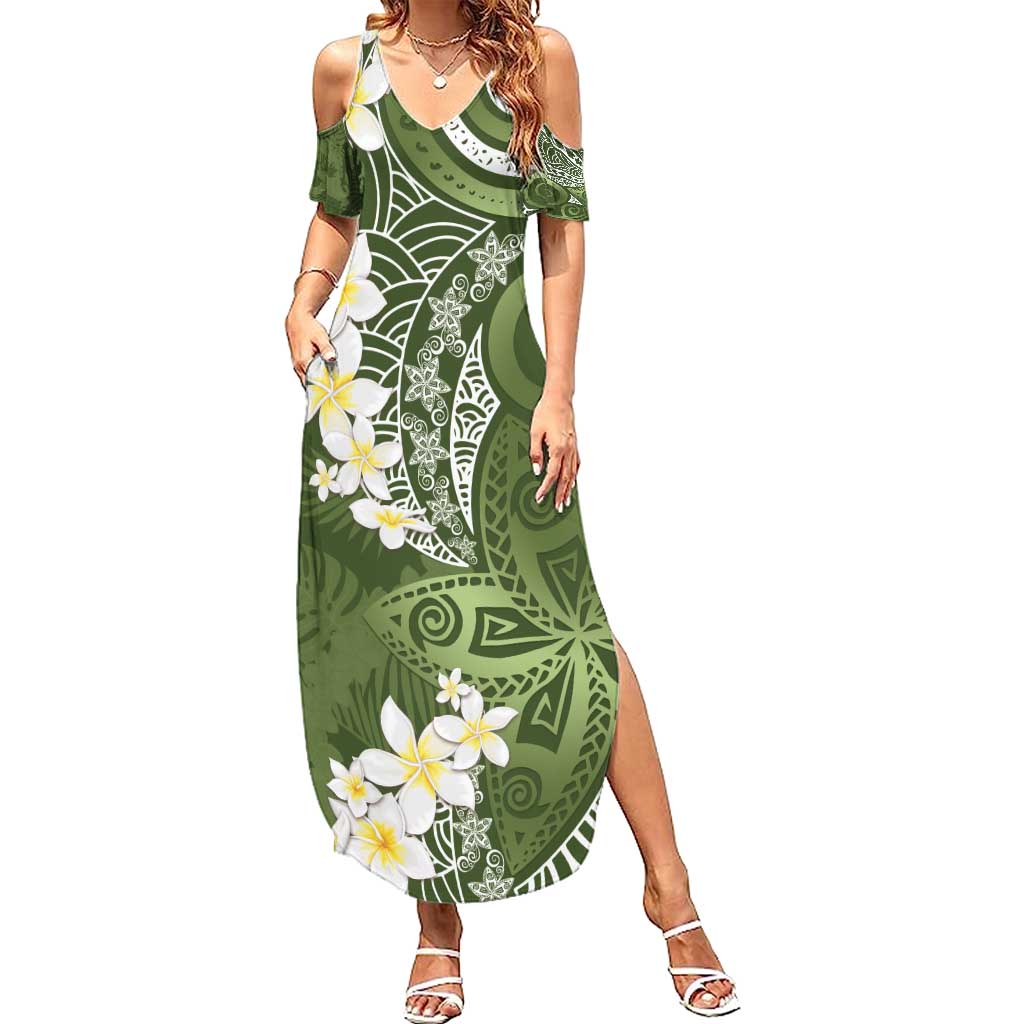 Green Polynesian Tribal Frangipani Tropical Vibe Summer Maxi Dress