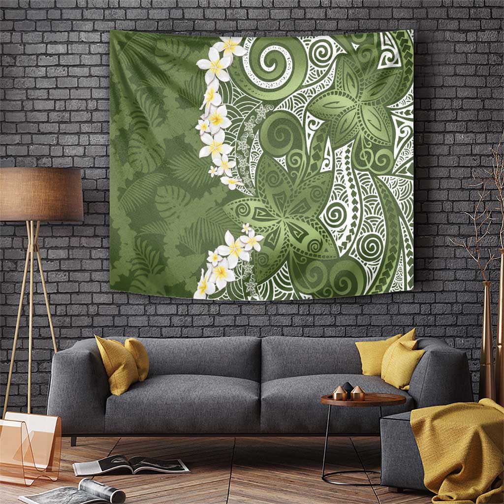 Green Polynesian Tribal Frangipani Tropical Vibe Tapestry