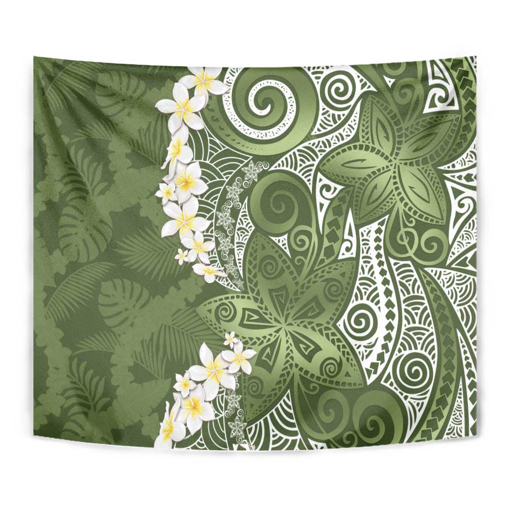 Green Polynesian Tribal Frangipani Tropical Vibe Tapestry