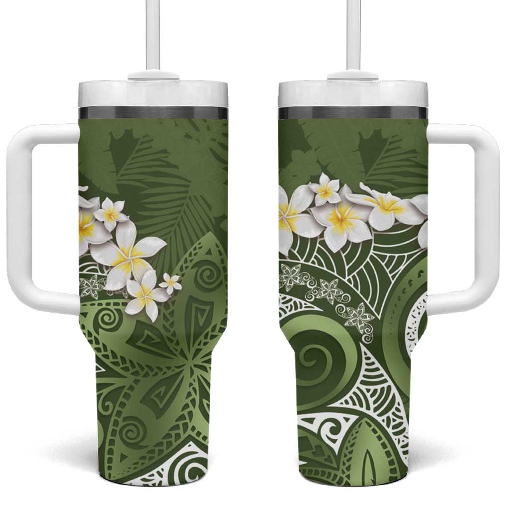 Green Polynesian Tribal Frangipani Tropical Vibe Tumbler With Handle